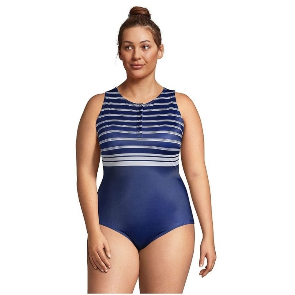 Land's End High Neck Snap Front Swimsuit (UPF 50, Chlorine Resistant)